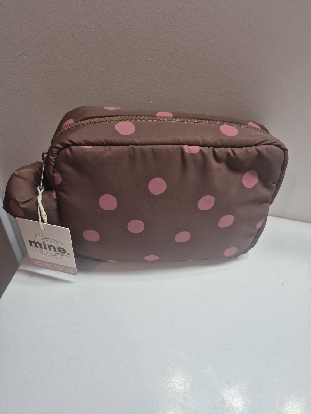 mine Brown Cosmetic Bag with Pink Polka Dots